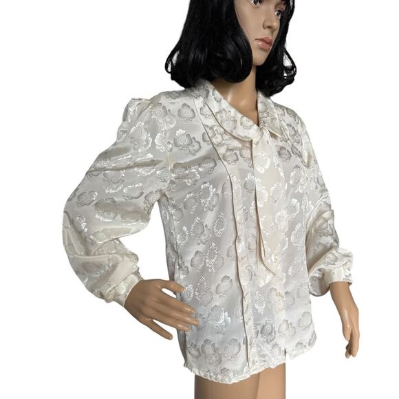 Vintage JOZELL Puff Sleeve 80's cream floral print blouse with necktie size 9/10 - Picture 13 of 16